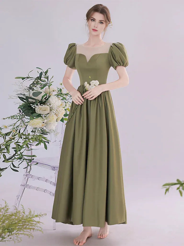Wholesale A-Line Green Satin Tea Length Prom Dress Green Long Formal Dress gowns evening dresses